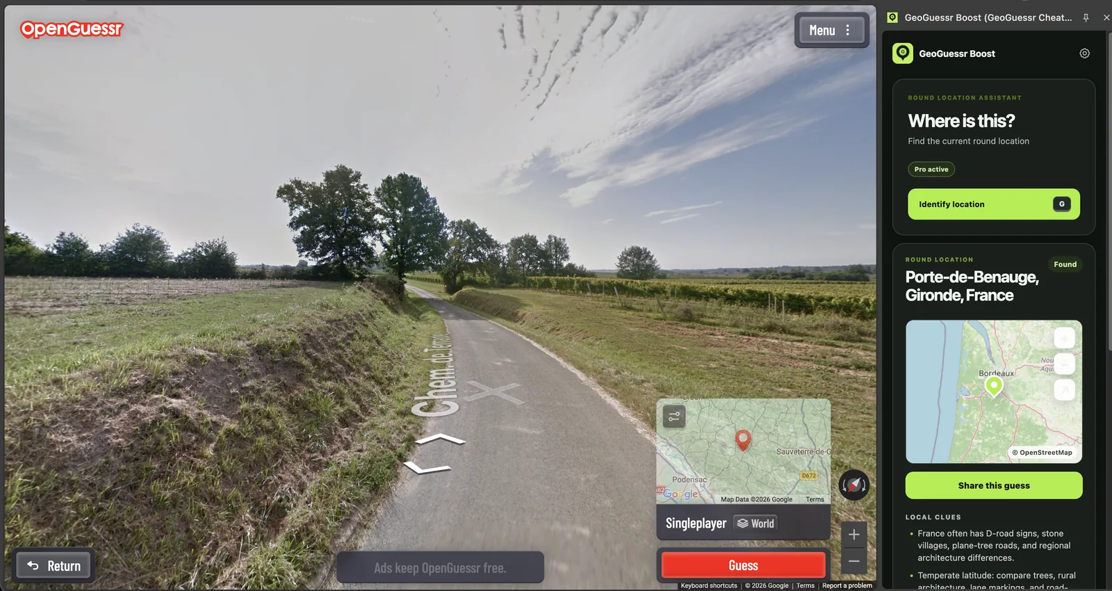 GeoBoost showing a location near Bordeaux France in OpenGuessr