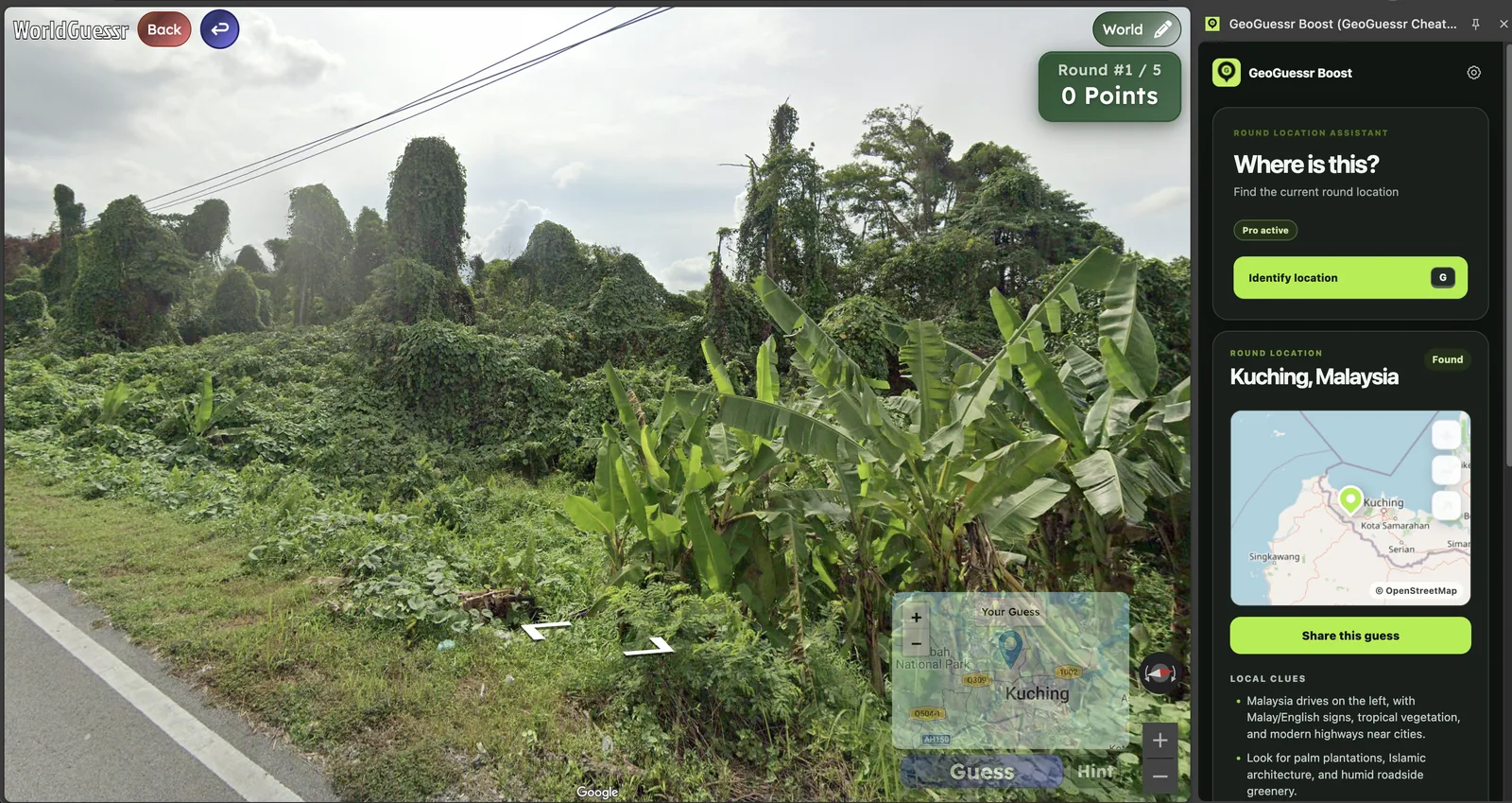 GeoBoost showing Kuching Malaysia in a WorldGuessr round